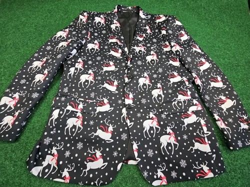 Braveman Christmas Reindeer 2 Piece Suit Blazer Pants Tie Size 48L 42W Black - Picture 5 of 17