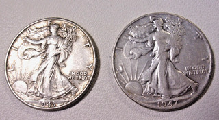 US Walking Liberty half dollar lot of 2 coins. 1943 & 1947. Circulated.