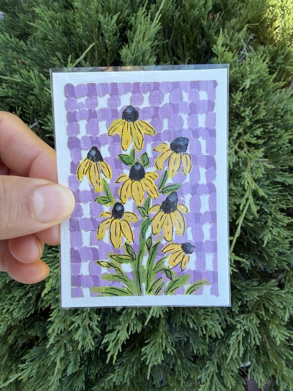Aceo Original Gingham Flower Painting Acrylic 2.5x3.5” Emilia Young