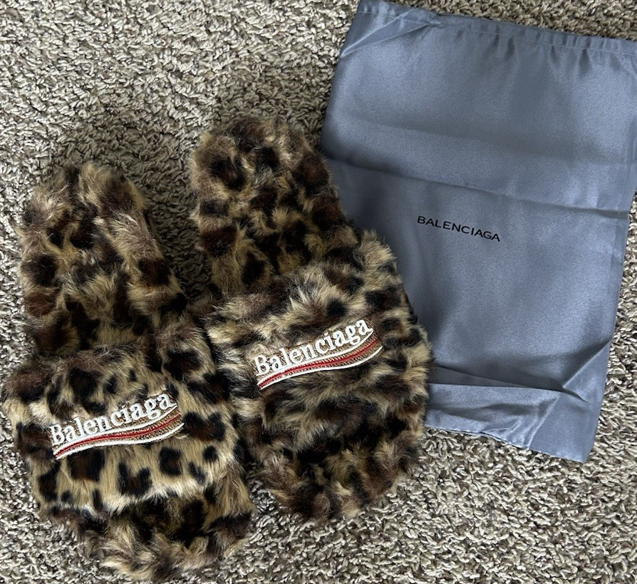 Balenciaga Leopard Faux Fur Slide Slippers Unisex Adults US  display picture 1