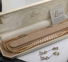Vintage Lotus Pearls Necklace And Earrings Set In Original Box With Tags