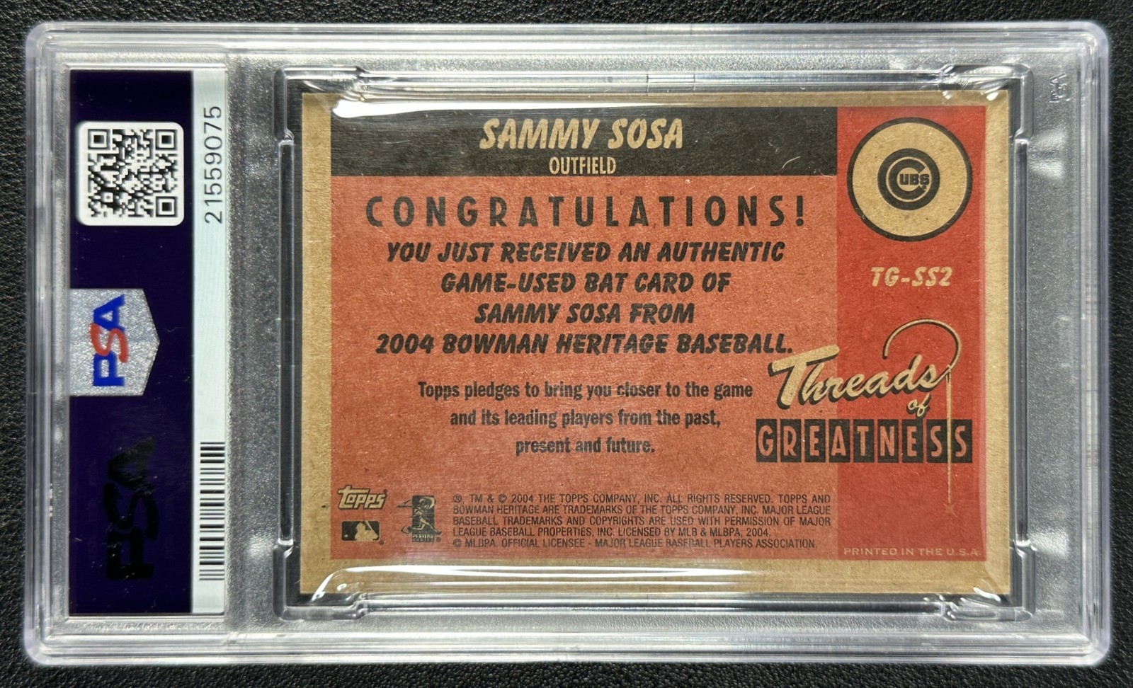 POP 1 SAMMY SOSA PSA 10 2004 BOWMAN HERITAGE GREATNESS GAME USED BAT CUBS 9075 view 2