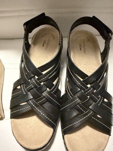 Clarks Lexi Black Leather Slide Sandals Buckle Straps Comfort Wedge Women’s Sz 7
