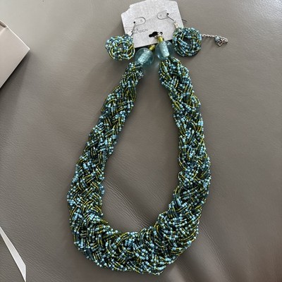 Green Beaded 18” necklace And Earrings Set