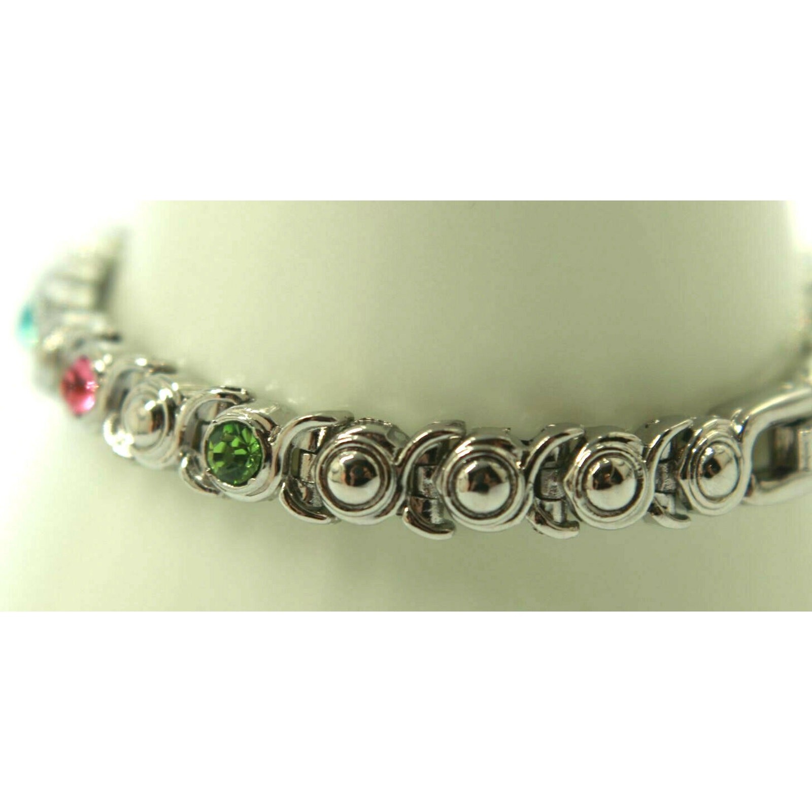 Silvertone Multi Colored Rhinestone Link Bracelet… - image 4