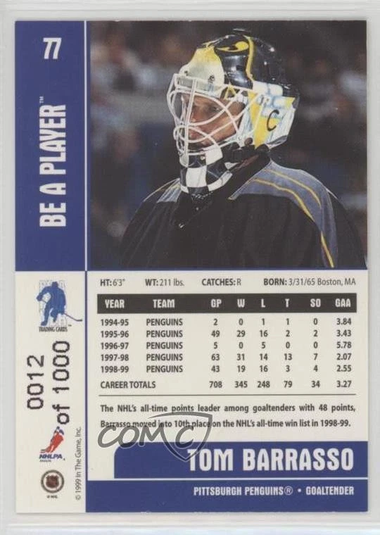 1999-00 ITG Be A Player Memorabilia Silver /1000 Tom Barrasso #77 HOF - Image 2 of 2
