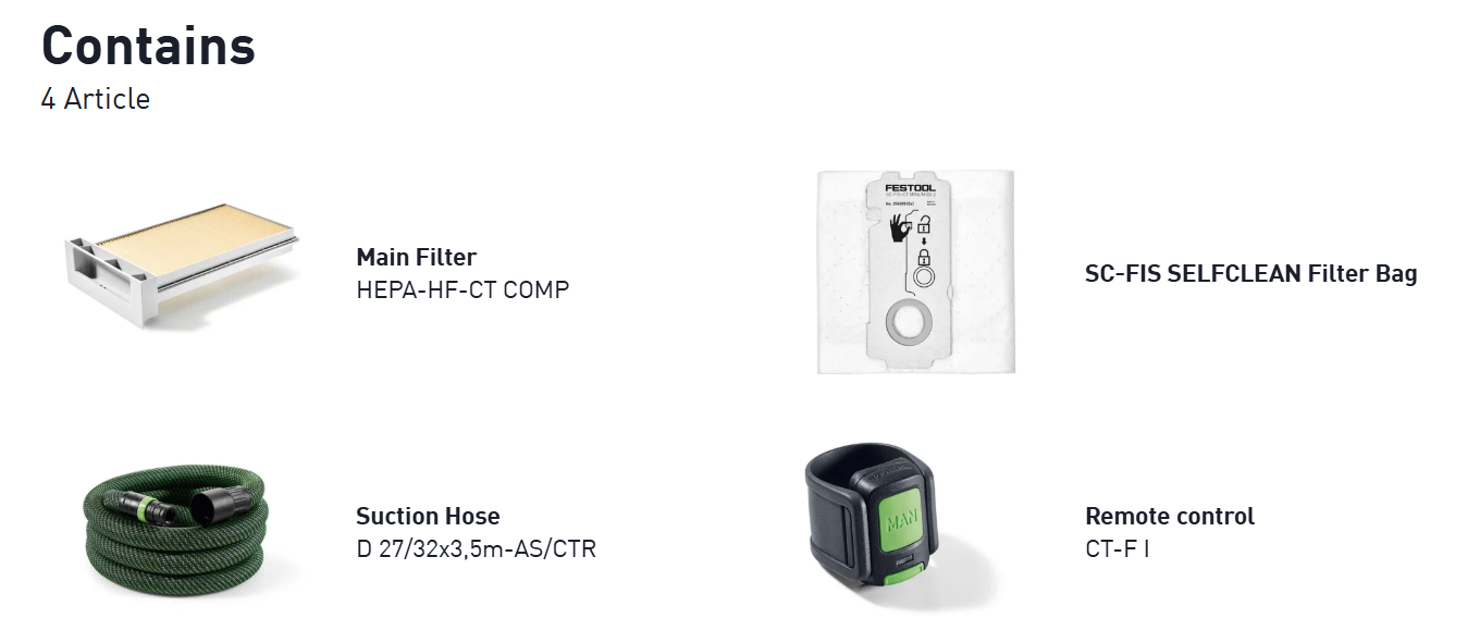 Green and black Festool 577069 box with yellow circle diagram, product image, and text “Contains 4 Article” at bottom.
