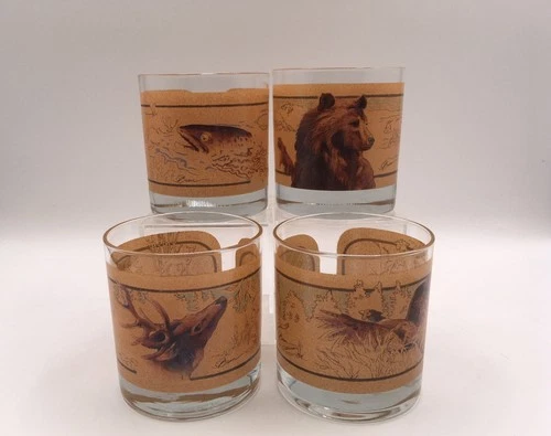 4 Vtg AVON Wildlife Series Cocktail Whiskey Glasses Tom O'Brien 1973 Hunting