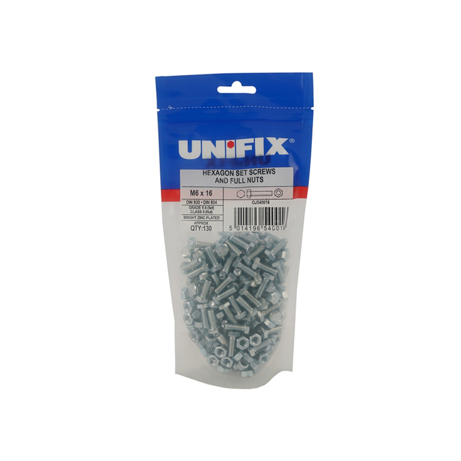 Unifix Grade 8.8 Hex Setscrews & Full Nuts M8 x 40 - Bag of 45