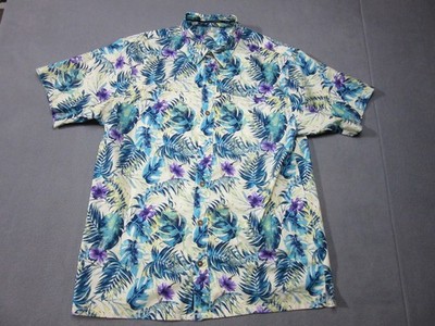 World Wide Sportsman Shirt Mens Large Blue Floral Hawaiian Fish Stretch Casual