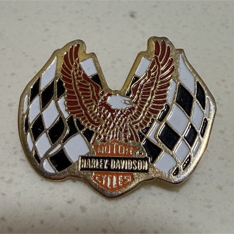Harley-Davidson Motor Cycles Eagle & Checkered Flags Solid Brass Pin
