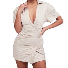 House of CB Mistress Rocks Twill Next Time Tan Structured Shirt Mini Dress small