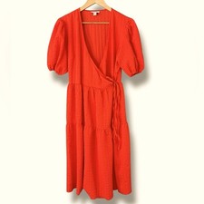 Topshop Orange Seersucker V-Neck Puff Sleeve Wrap Midi Dress Size 8