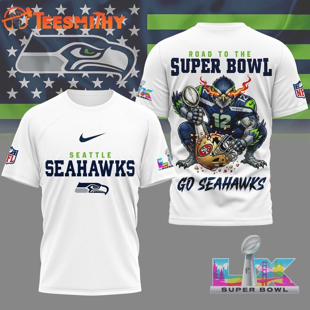 Camisa 3D blanca Seattle Seahawk 2026 NFL Road To Super 1 Bowl