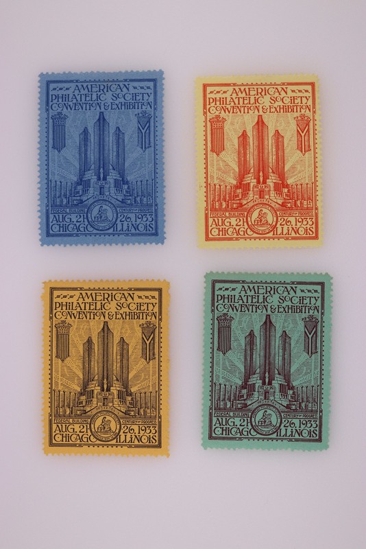 1933 APS Chicago IL Convention Exhibition Set philatelic souvenir label ad