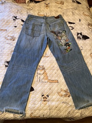 Vtg Ecko Unltd Embroidered Rhino Baggy Fit Jeans Men s 38 Distressing Y2K Rare