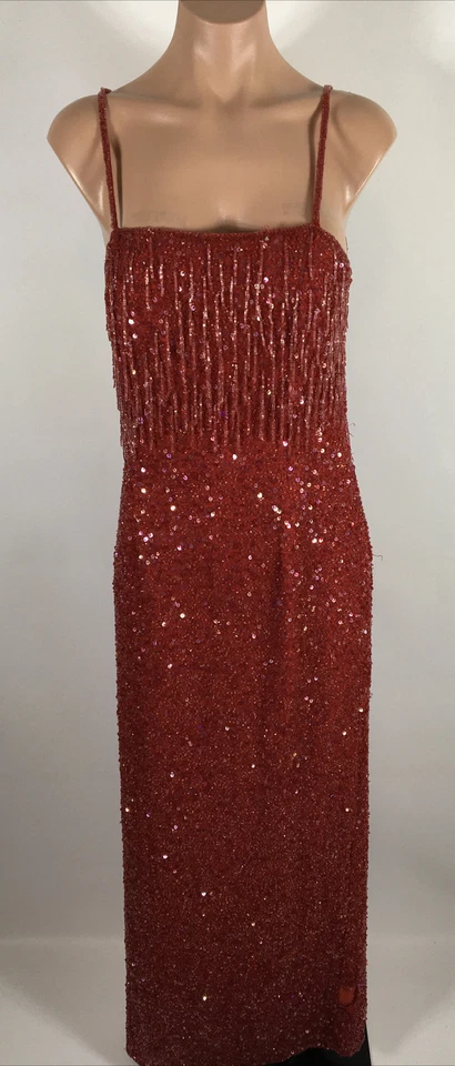 Vintage Scala Red Fringe Beaded Sequin Prom Formal Evening Party Dress Gown S/M - Image 3 of 4