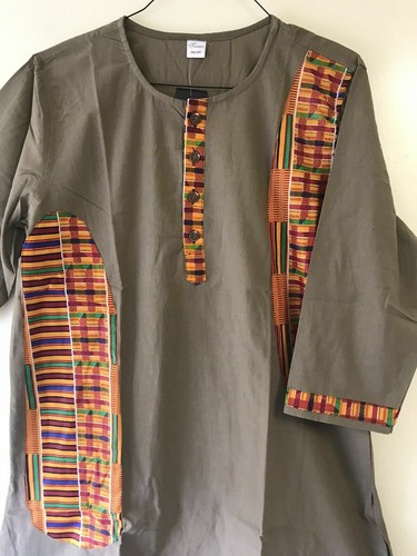 Camicia da uomo vintage African Kente dashiki 3 pz tuta top cotone broccato taglia unica - Foto 3 di 10