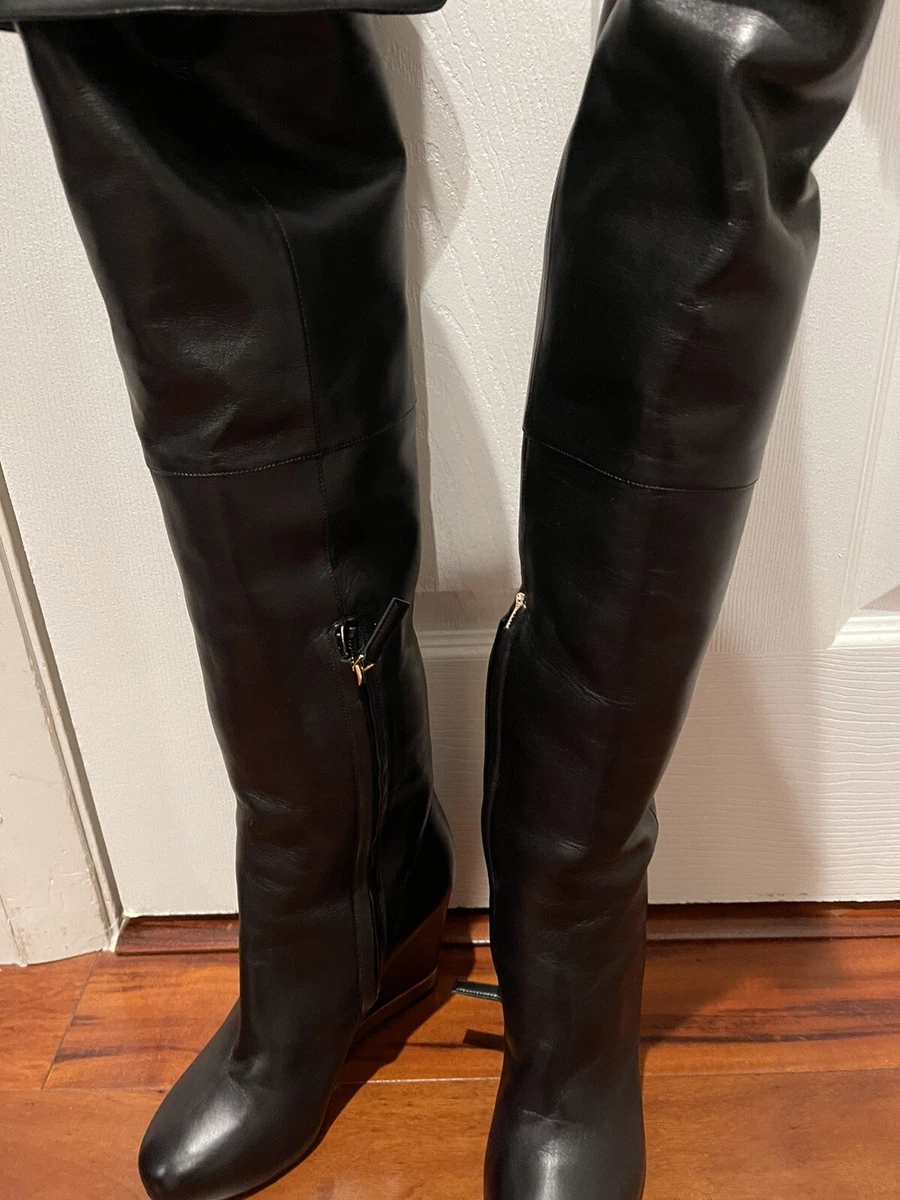 CHANEL 15B Lambskin Leather Tall Over The Knee High Wedge Heel Boots Black  $2400