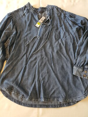 Marks & Spencer Pure Tencell Tie Neck Langarm Denim Look Bluse Gr. 12