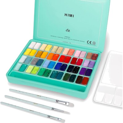 HIMI Gouache Paint Set, 48 Colors x 0.4oz, Twin Cup Jelly Design, bouns 3 Bru...