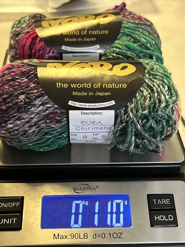Lote B 2 madejas Noro Chirimen color 8 (púrpura/verde/mostaza) algodón/seda/lana Foto 3 de 4