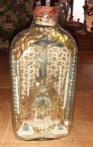 Ancienne bouteille de patience baroque verre décoration travail monastique autel cire sceau - Photo 1/7