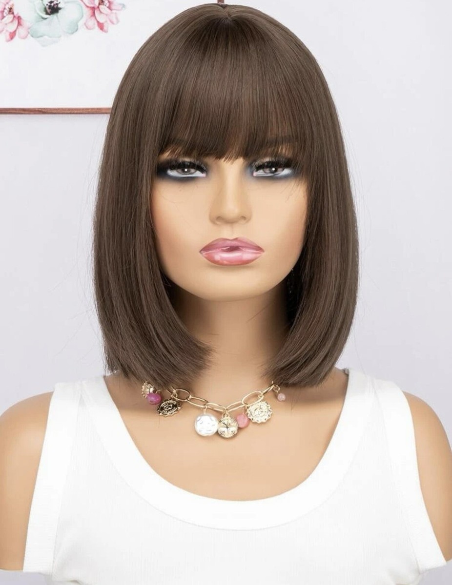 Perruque Synthétique Brun Foncé – Coupe Courte Carré Avec Frange, 30cm, Taille Moyenne