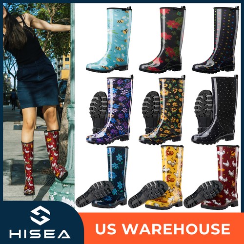HISEA Women Glossy Rubber Rain Boots Mud Garden Farm Yard Work Knee High Wellies