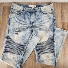 Bleeker & Mercer Mens Size 36/34 Slim Taper Fit Blue Light Wash Distressed Jeans