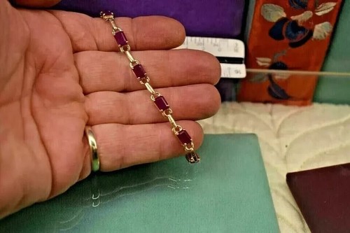 8Ct Emerald Lab Created Red Ruby Women's Tennis Bracelet 14K Yellow Gold Plated - Picture 4 of 4