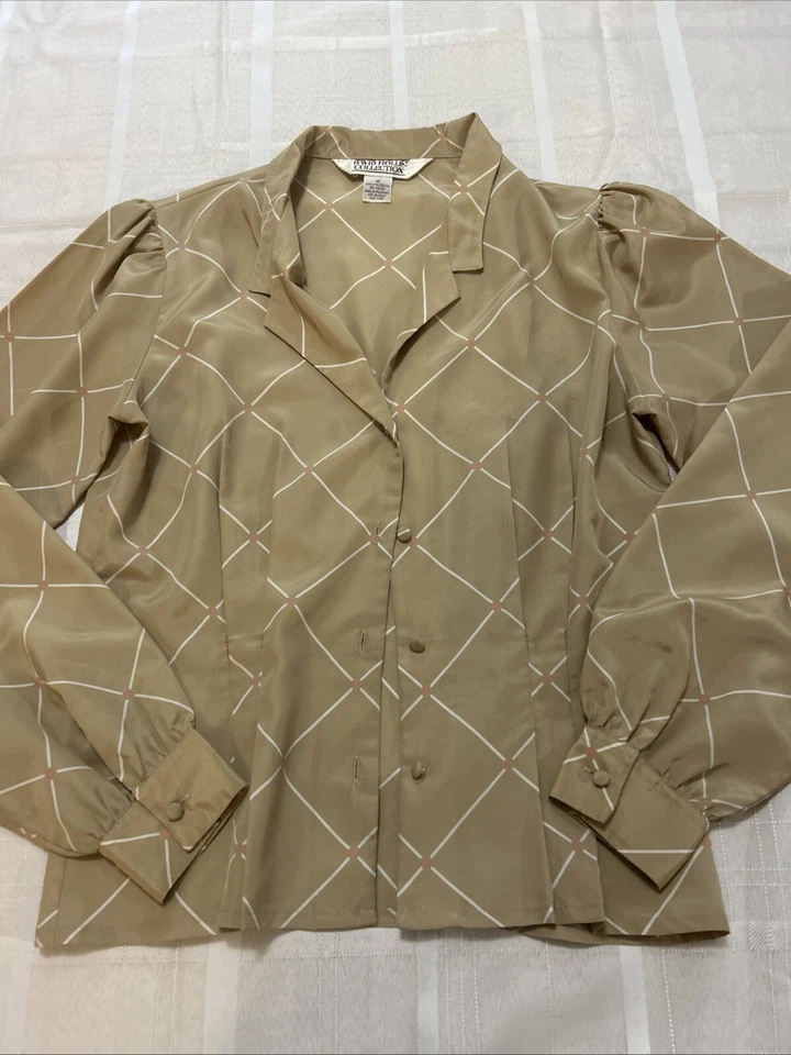 Blusa Top Camisa Vintage David Hollis M Manga Larga Con Botones Beige Preppy Foto 2 de 4