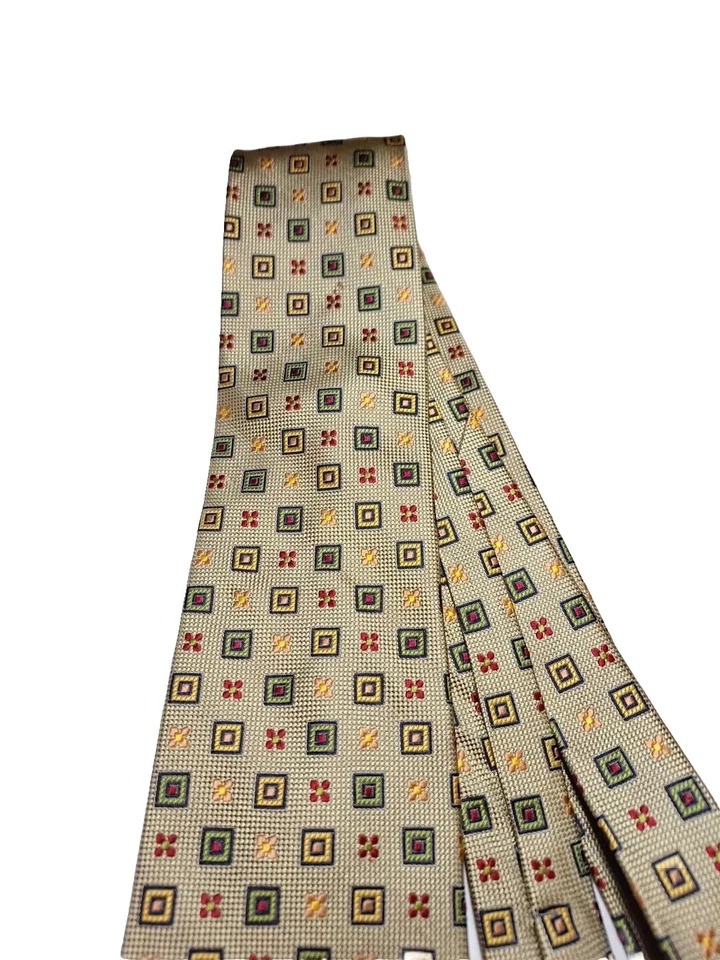 Corbata Smith & James verde seda con cuadrados y flores en verde rojo dorado rosa nueva sin etiquetas  Foto 3 de 4