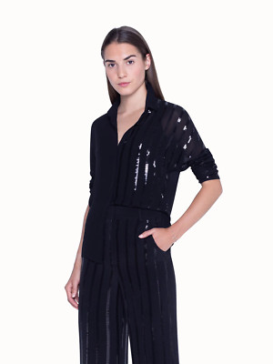 $1990 AKRIS Blouse in Silk Georgette with Sequin Stripes Embellishment SZ 10 NWT