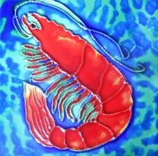 Shrimp hand painted ceramic art tile coaster 4 x 4 inches with back