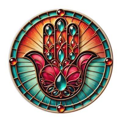 Stained Glass Style Hamsa Mouse Pad - Vibrant Red & Turquoise Neoprene Design