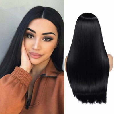 Women Long Straight Synthetic Hair Cosplay Wig Middle Part Black Color Full  Wigs