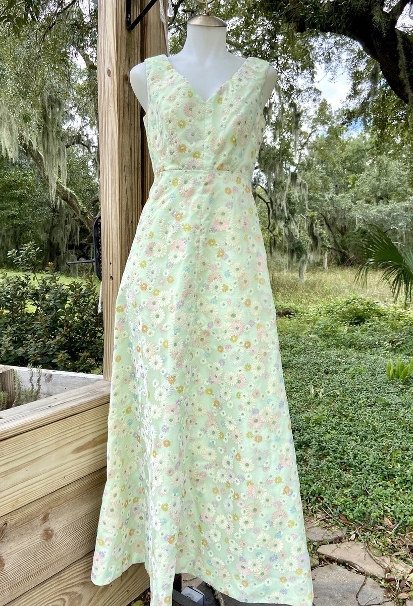 lime green velvet dress Vintage 60s Flower Power Chiffon Gown Maxi Daisy Sz SM tis' the season