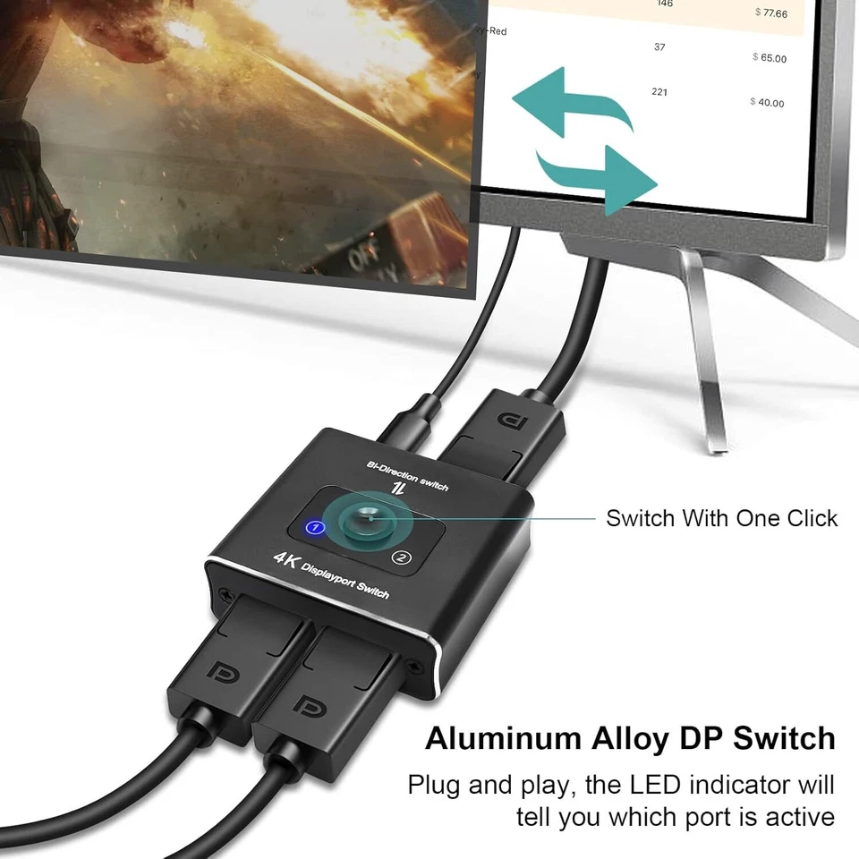 Ozvavzk DP Switch 2 in 1 Out Bi-Directional Displayport Splitter 1 in 2 Out - Bild 2 von 4