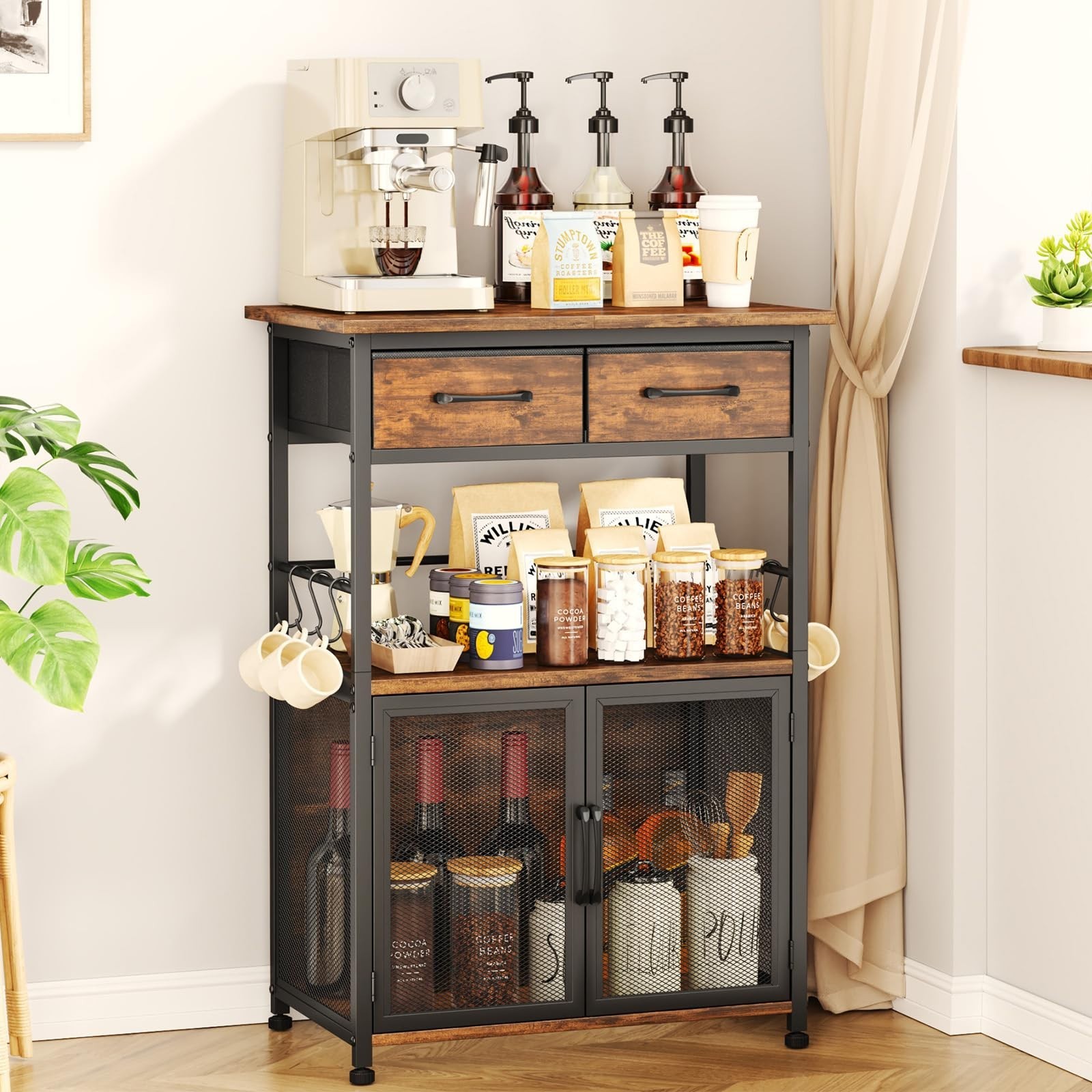 Coffee Bar Cabinet with Drawer - Kitchen Storage Organizer for Coffee Maker, Buf