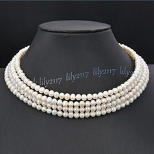 4 Rows Real Natural White Freshwater Pearl Beads Choker Necklace 16 inches 6-7mm