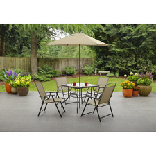 Mainstays Albany Lane 6-Piece Steel Patio Dining Set w/ Tan Umbrella Outdoor Set