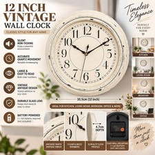 12" Vintage Wall Clock Silent Non Ticking Quartz Round Antique White Kitchen