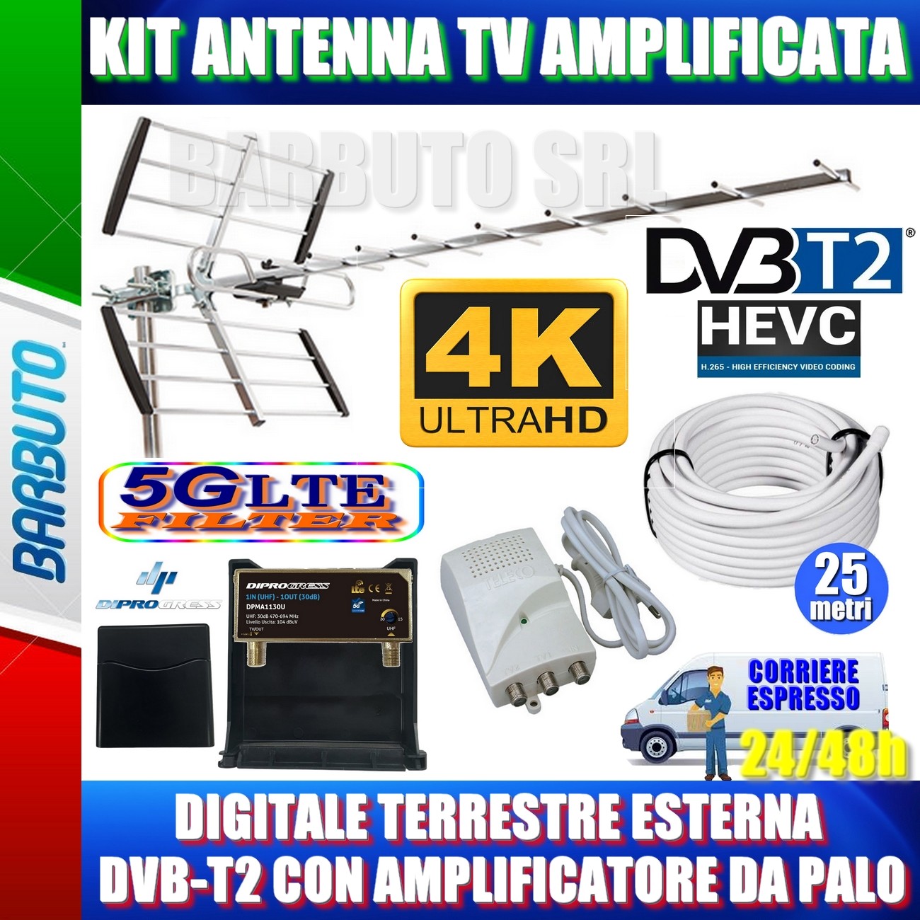 Kit Antenna Esterna DVB-T2 professionale 4K con Filtro 5G e Amplificatore