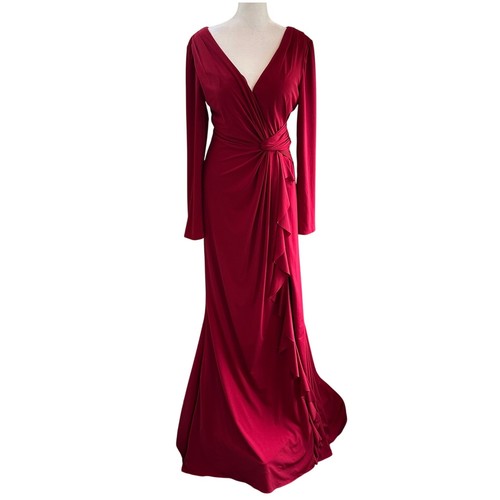 Vestido Formal JOVANI Glamoroso Nuevo con Etiquetas Rojo Borgoña Manga Larga Talla 10