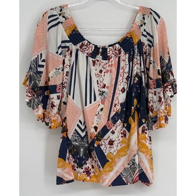 Janie Womens Patchwork Floral Print Smocked Off Shoulder Ruffle Blouse Sz XS