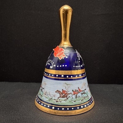 Italian Blue Art Glass Bell Horses And Dogs Fox Hunting Scene 5.25 Inches Tall
