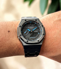Custom Casio G-Shock GA-2100 Blue Watch Mod - Casioak Black Steel Case & Strap