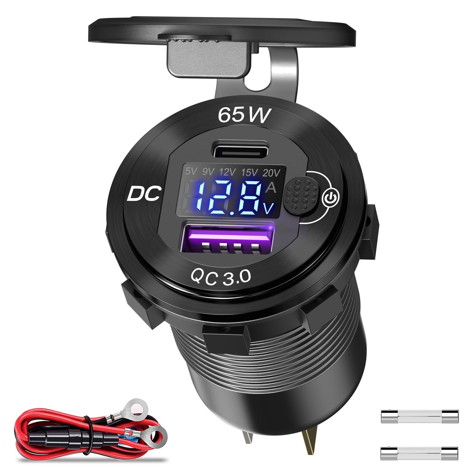 Presa USB C 12V da Auto Caricabatterie Tipo C 83W Metallo con Interruttore