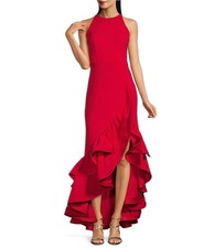 Betsy  Adam Womens 4 Red Ruffle High-Low Stretch Crepe Gown Sleeveless OS17-16